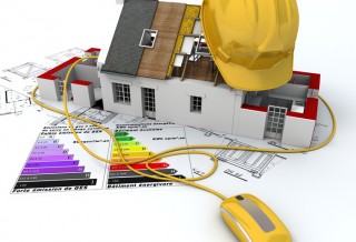 3D rendering of a house in construction, connected to a computer mouse, on top of blueprints, with and energy efficiency rating chart and a safety helmet
