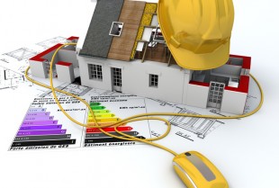 3D rendering of a house in construction, connected to a computer mouse, on top of blueprints, with and energy efficiency rating chart and a safety helmet